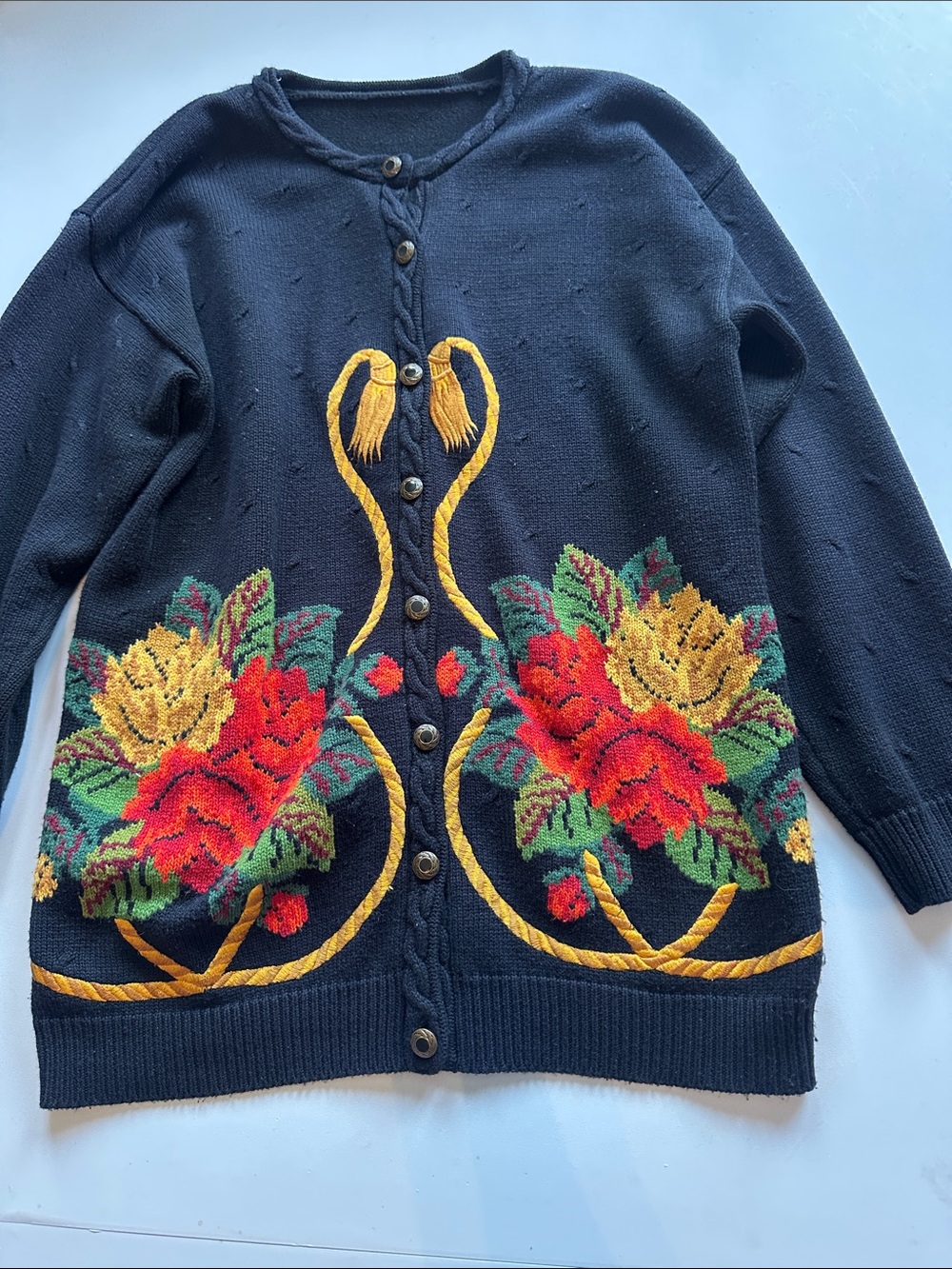 Black Floral Embroidered Button-Front Women's Cardigan